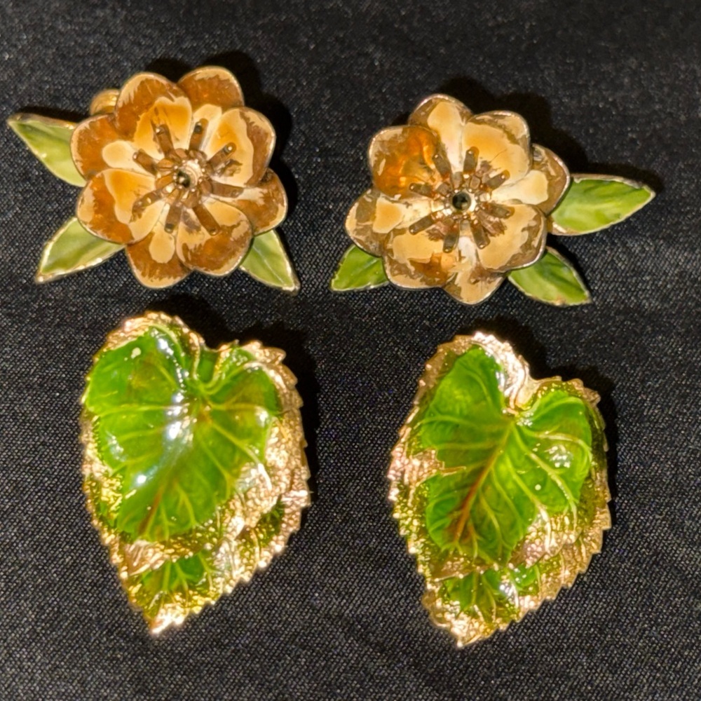 Floral and Leaf Enamel Earrings Set